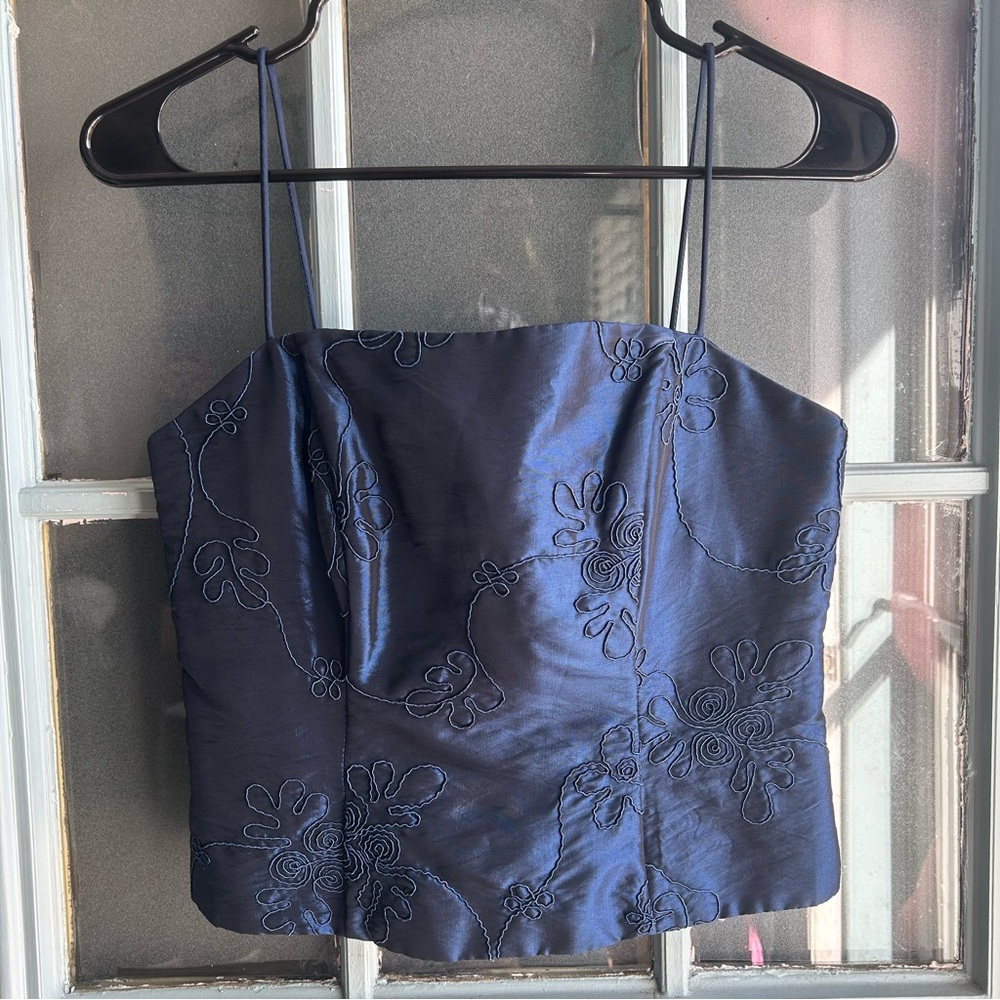 Y2K Vintage 90’s Satin Corset Style Spaghetti Strap Navy Blue Formal Tank Top 4P
